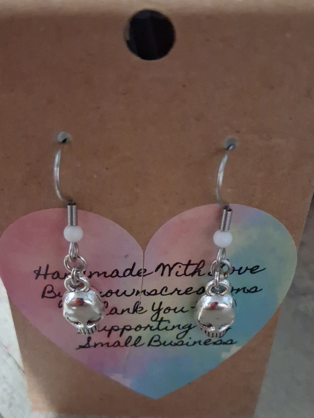 Handmade Silver Skull Dangle Earrings - Pink Accent